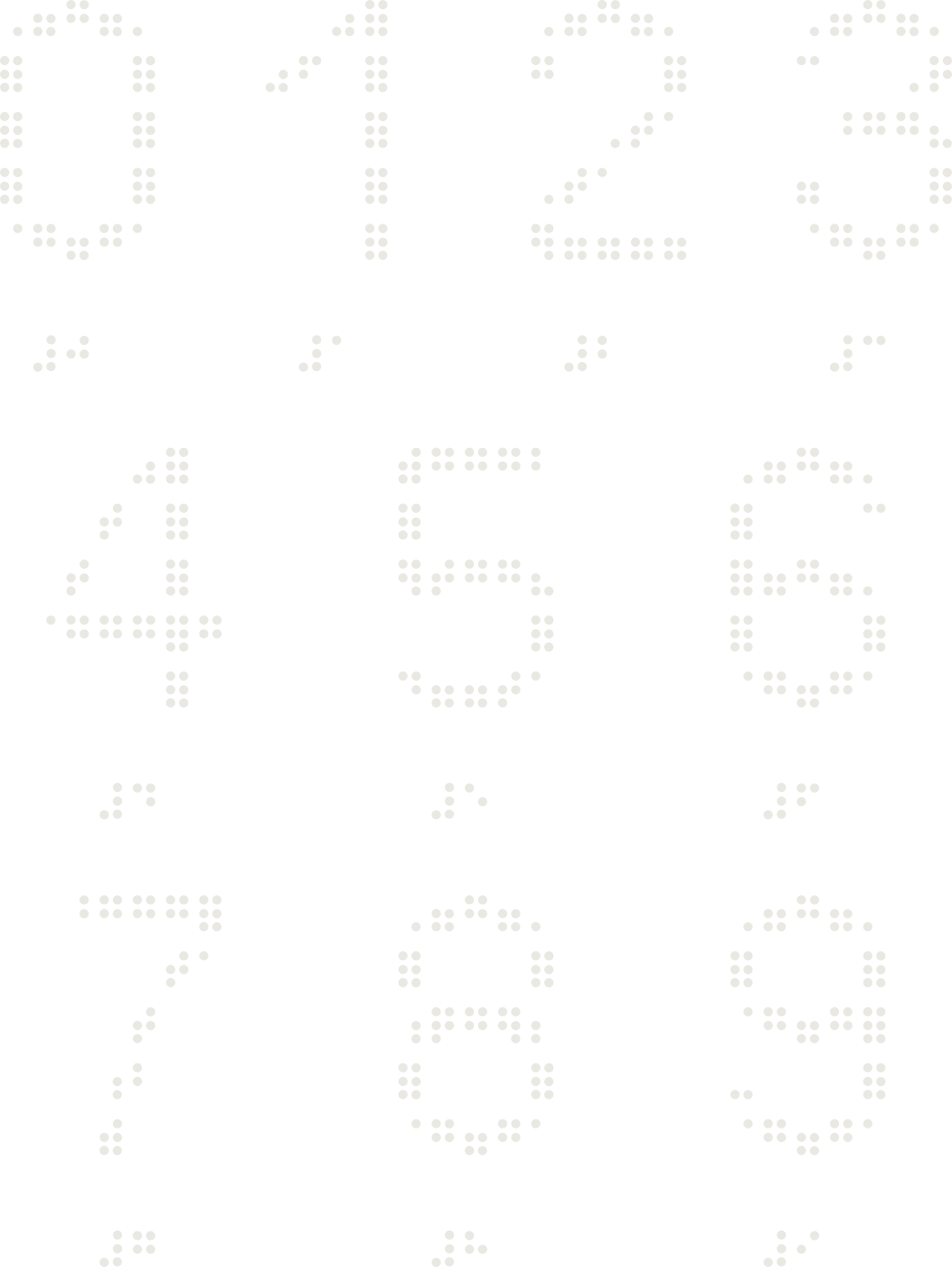 Braille drawing of the digits 0 to 9