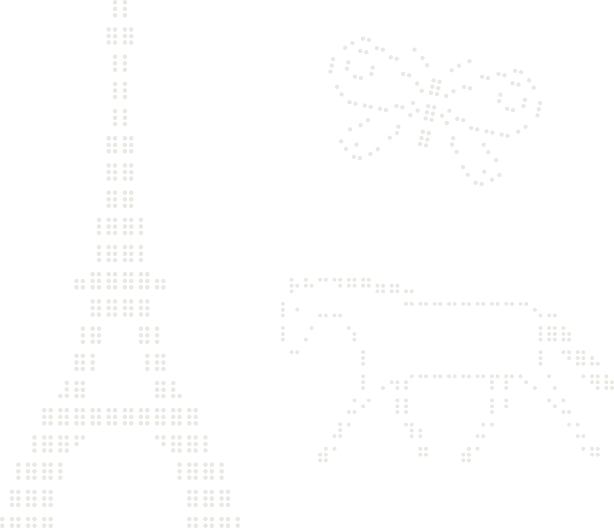 Three braille drawings: The Eiffel Tower, a butterfly, and a horse