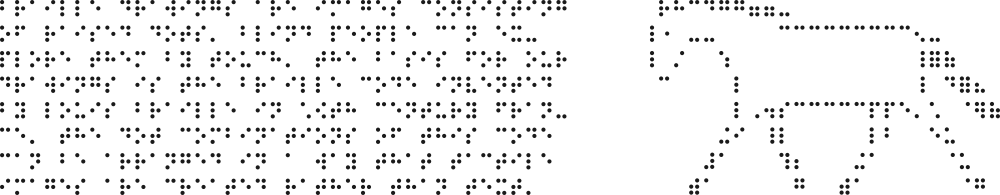 Text with braille letters and the braille drawing of a horse